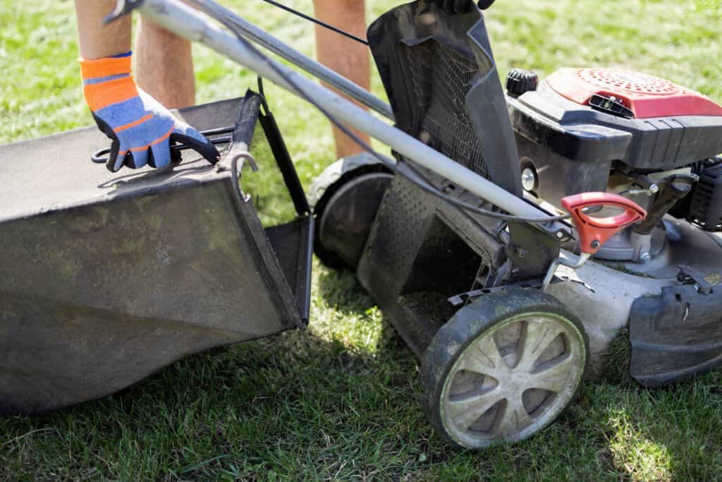 Efficient lawn mower with a grass collection bag for landscaping and yard maintenance.