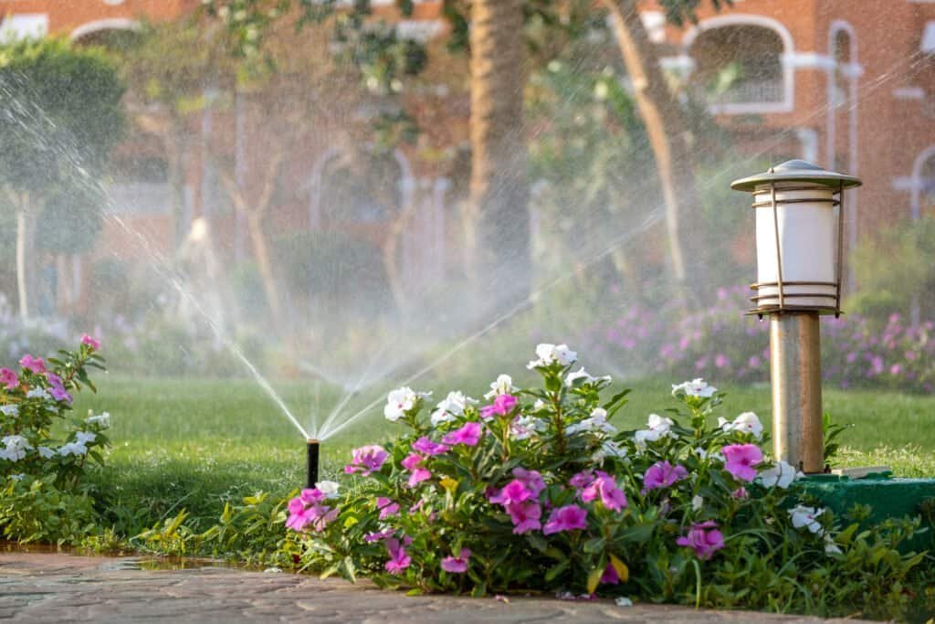 Colorful garden flowers and a sprinkler watering the lawn with a decorative fence and lamp post in the background.